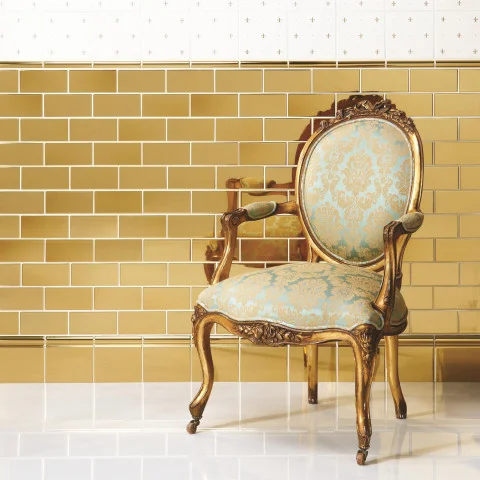 Gold Fleur De Lis on County White and Gold Sigma Dado (above) Gold Half Tile (middle) Gold Skirting Tile (below)