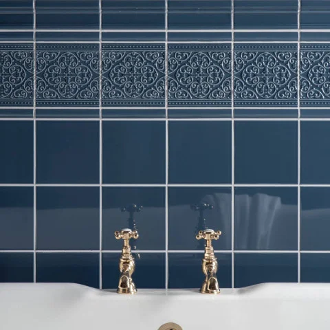 Ascot Blue Victoria Dado, Ascot Blue Astragal Dado and Grosvenor on Ascot Blue (above) Ascot Blue Field Tile (below)