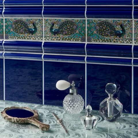 Royal Blue Astragal Dado, Royal Blue Albert Dado and De Morgan: Peacock Border Pair (above) Royal Blue Field Tile (below)