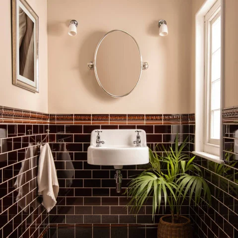 Teapot Brown Egg & Dart Dado and Teapot Brown Sigma  (above) Teapot Brown Half Tile (middle) Teapot Brown Skirting Tile (below)