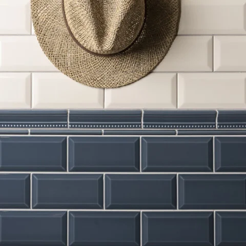 Vintage White Metro Tile (above) Ascot Blue Hogarth Dado and Ascot Blue Omega Dado (middle) Ascot Blue Metro Tile (below)