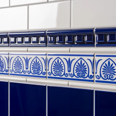 Brilliant White Field Tile (above) Royal Blue Dentil Dado, Brilliant White Omega Dado and Royal Blue Parthenon on Brilliant White (middle) Royal Blue Field Tile (below) 