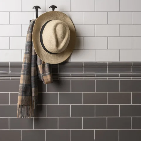Brilliant White Half Tile (above) London Stone Victoria Dado, London Stone Astragal Dado and London Stone Omega Dado (middle) London Stone Half Tile (below)