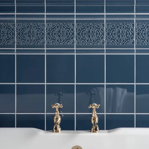 Ascot Blue Victoria Dado, Ascot Blue Astragal Dado and Grosvenor on Ascot Blue (above) Ascot Blue Field Tile (below)