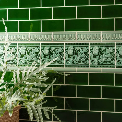 Victorian Green Half Tile (above) Jade Breeze Egg & Dart Dado, Berkeley Jade Breeze on Victorian Green and Jade Breeze Omega Dado (middle) Victorian Green Half Tile (below)