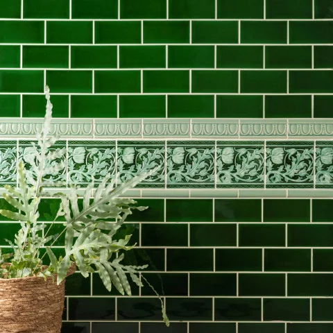 Victorian Green Half Tile (above) Jade Breeze Egg & Dart Dado, Berkeley Jade Breeze on Victorian Green and Jade Breeze Omega Dado (middle) Victorian Green Half Tile (below)