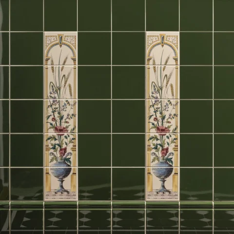 Edwardian Green Field Tile and Poppy and Wheatsheaf (above) Edwardian Green Skirting Tile (below)