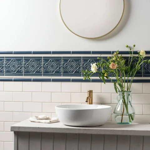 Ascot Blue Sigma Dado, Vintage White Omega Dado and St. James on Ascot Blue (above) Vintage White Half Tile (below)