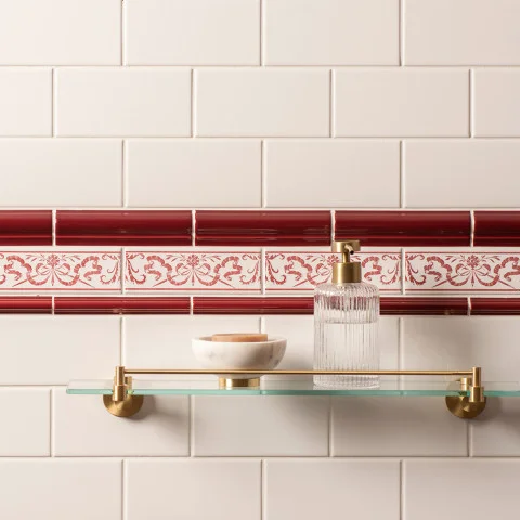 Brilliant White Field Tile (above) Burgundy Albert Dado, Burgundy Love Knot On Brilliant White and Burgundy Astragal Dado (middle) Brilliant White Field Tile (below)