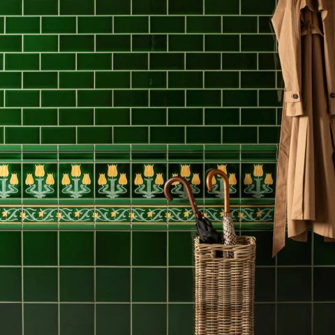Victorian Green Half Tile (above) Victorian Green Sigma Dado, Lafleur on Victorian Green and Lafleur Border on Victorian Green (middle) Victorian Green Field Tile (below)