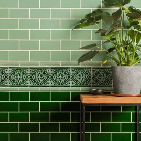 Jade Breeze Half Tile (above) Jade Breeze Hogarth Dado, Grosvenor Jade Breeze on Victorian Green and Jade Breeze Sigma  Dado (middle) Victorian Green Half Tile (below)