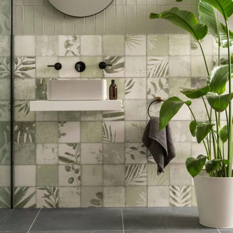 Tern Arcadian Brick Tile (above) Patchwork Botanical Ivy (below) District Grey (floor)