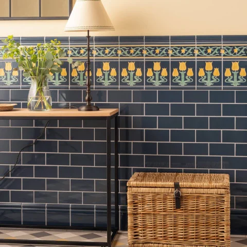 Ascot Blue Albert Dado, Lafleur Border on Ascot Blue, Lafleur on Ascot Blue and Ascot Blue Astragal Dado (above) Ascot Blue Half Tile (middle) Ascot blue Skirting Tile (below)