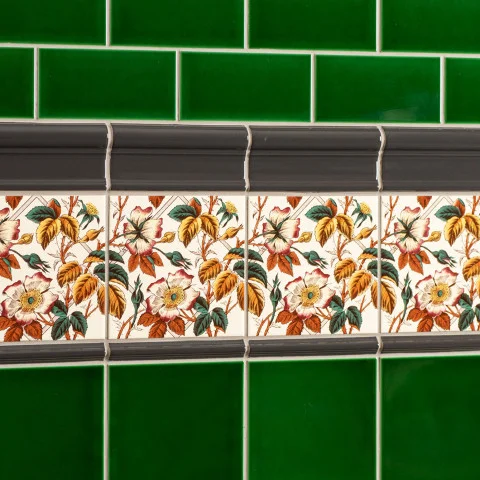 Victorian Green Half Tile (above) Charcoal Grey Victoria Dado, Floral Trellis and Charcoal Grey Omega Dado (middle) Victorian Green Field Tile (below)