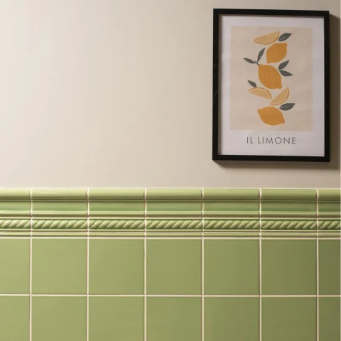 Palm Green Victoria Dado, Palm Green Rope Dado and Palm Green Omega Dado (above) Palm Green Field Tile (below)