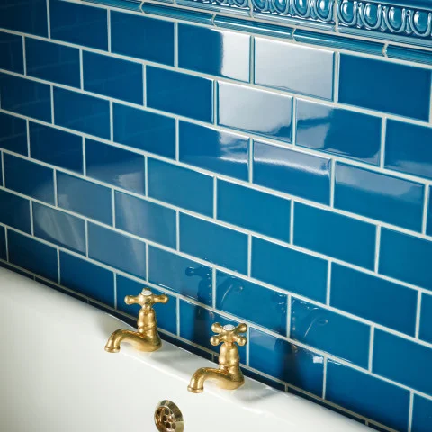 Baroque Blue Egg & Dart Dado and Baroque blue Astragal Dado (above) Baroque Blue Half Tile (below)