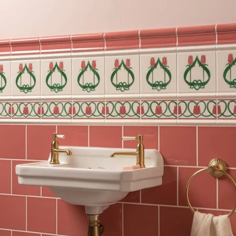 Duchy Pink Victoria Dado (above) Élysée on Vintage White, Élysée Border on Vintage White (middle) Duchy Pink Field Tile (below)
