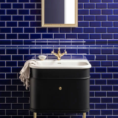 Royal Blue Metro Tile (above) Royal Blue Victoria Dado Royal Blue Sigma and Royal Blue Omega Dado (middle) Royal Blue Metro Tile (below)