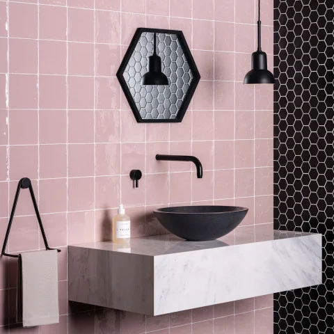 Clover Metropolitan Field Tile (left) Black Honeycomb Mosaic Large Sheet (right)