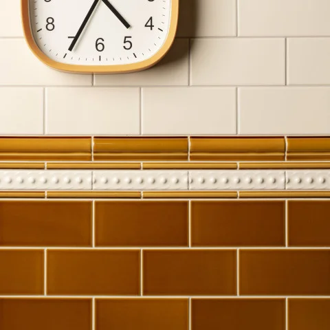 County White Half Tile (above) Ochre Albert Dado, Ochre Omega Dado and County White Scroll Dado (middle) Ochre Half Tile (below) 
