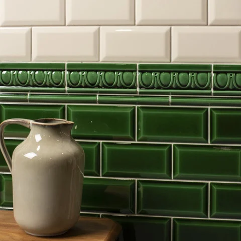 County White Metro Tile (above) Victorian Green Egg & Dart Dado and Victorian Green Astragal Dado (middle) Victorian Green Metro Tile (below)