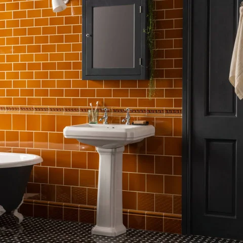 Ochre Half Tile (above) Ochre Dentil Dado, Ochre Sigma and Ochre Field Tile (middle) Ochre Skirting Tile (below)