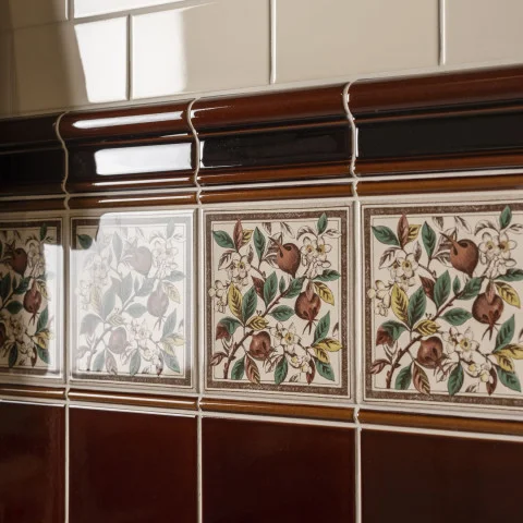 County White Half Tile (above) Teapot Brown Victoria Dado, Teapot Brown Omega Dado and Apple Blossom (middle) Teapot Brown Field Tile (below)