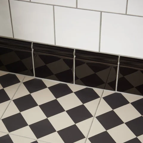 Brilliant White Field Tile (above) Jet Black Skirting (below) and Harlequin Large Black on Chalk (floor)