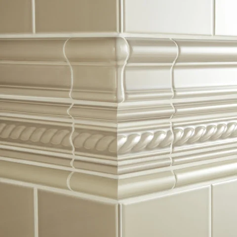 Palladian Beige Field Tile (above) Palladian Beige Victoria Dado, Palladian Beige Astragal Dado, Palladian Beige Rope Dado, Palladian Beige Omega Dado and Palladian Beige External Corner (middle) Palladian Beige Field Tile (below)