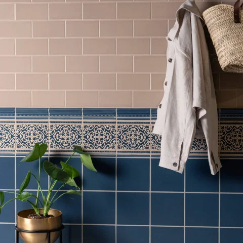 Palladian Beige half Tile (above) Ascot Blue Hogarth Dado, Ascot Blue Astragal Dado and Grosvenor Palladian Beige on ascot Blue (middle) Ascot Blue Field Tile (below)