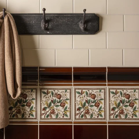 County White Half Tile (above) Teapot Brown Victoria Dado, Teapot Brown Omega Dado and Apple Blossom (middle) Teapot Brown Field Tile (below)