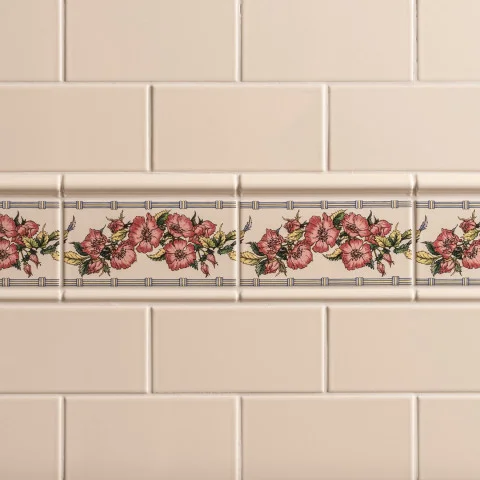 County White Half Tile (above) County White Astragal Dado, Corded Poppies and County White Omega Dado (middle) County White Half Tile (below)