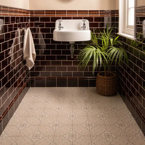 Teapot Brown Egg & Dart Dado and Teapot Brown Sigma  (above) Teapot Brown Half Tile (middle) Teapot Brown Skirting Tile (below) Salisbury Taupe on Dover White (floor)