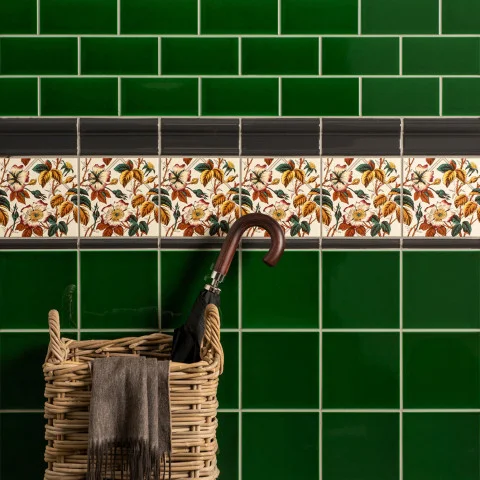 Victorian Green Half Tile (above) Charcoal Grey Victoria Dado, Floral Trellis and Charcoal Grey Omega Dado (middle) Victorian Green Field Tile (below)