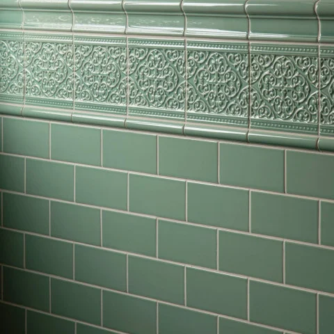 Jade Breeze Victoria Dado, Grosvenor on Jade Breeze and Jade Breeze Sigma  Dado (above) Jade Breeze Half Tile (below)