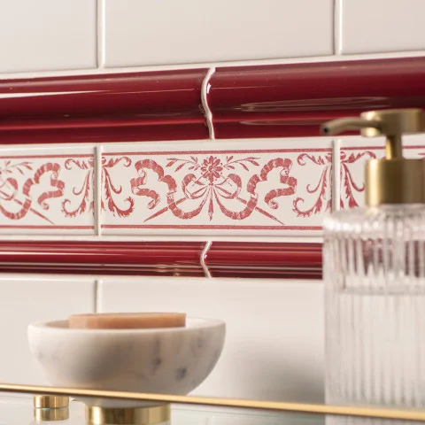Brilliant White Field Tile (above) Burgundy Albert Dado, Burgundy Love Knot On Brilliant White and Burgundy Astragal Dado (middle) Brilliant White Field Tile (below)