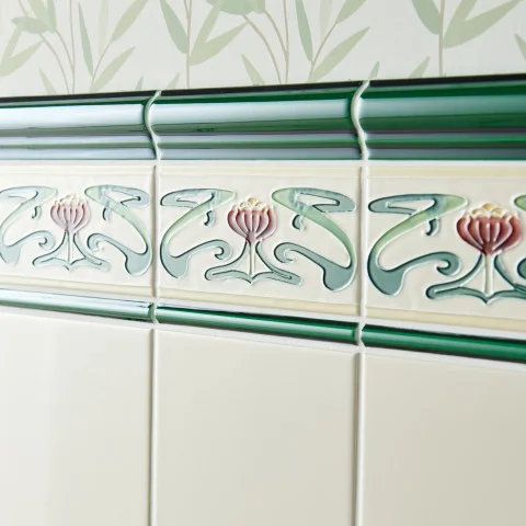 Victorian Green Albert Dado (above) Belle Epoque Border Tubelined and Victorian Green Omega Dado (middle) County White Field Tile (below)