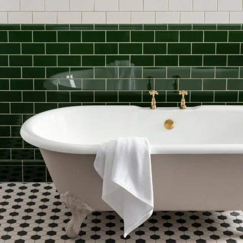 Vintage White Half Tile (above) Edwardian Green Albert Dado and Vintage White Half Tile (middle) Edwardian Green Skirting Tile (below) Porcelain White Black Hexagon Checker (floor)