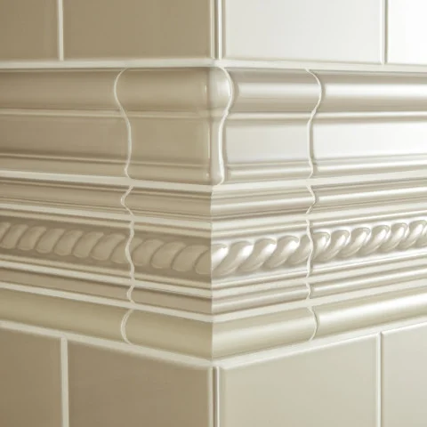 Palladian Beige Field Tile (above) Palladian Beige Victoria Dado, Palladian Beige Astragal Dado, Palladian Beige Rope Dado, Palladian Beige Omega Dado and Palladian Beige External Corner (middle) Palladian Beige Field Tile (below)