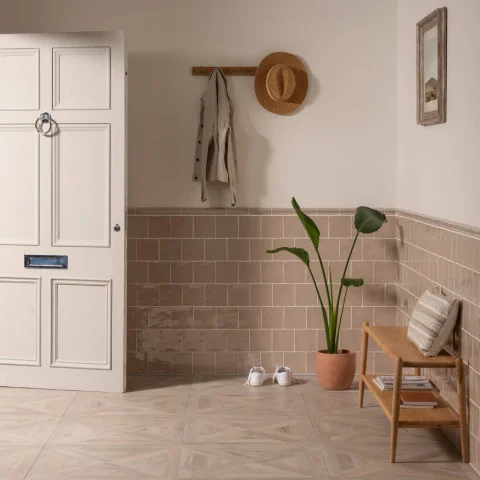 Thatch Metropolitan Rail Moulding (above) Thatch Metropolitan Field Tile (below) Parquet Cross Nordic (floor)