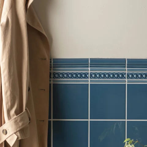 Baroque Blue Albert Dado, Baroque blue Omega Dado and Baroque Blue Scroll Dado (above) Baroque Blue Field Tile (below)