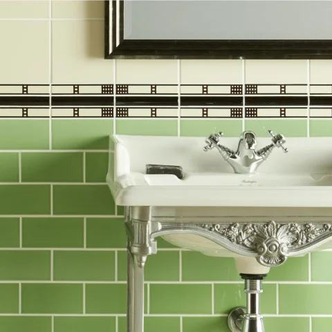 County White Field Tile (above) Glasgow Rose Border on County White and Jet Black Sigma (middle) Palm Green Half Tile (below)