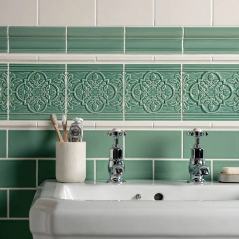 Jade Breeze Victoria Dado, Vintage White Sigma  Dado and St. James on Jade Breeze (above) Jade Breeze Half Tile (below)