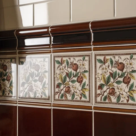 County White Half Tile (above) Teapot Brown Victoria Dado, Teapot Brown Omega Dado and Apple Blossom (middle) Teapot Brown Field Tile (below)
