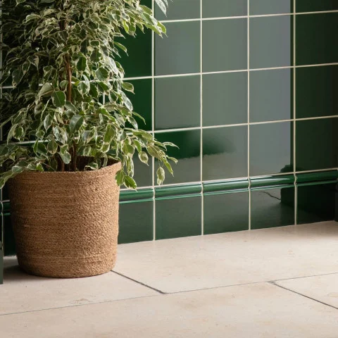 Victorian Green Field Tile (above) Victorian Green Skirting Tile (below) Saint-Vallier Tumbled Limestone (floor)