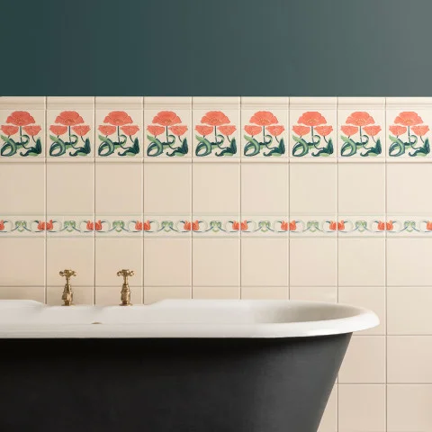 Colonial White Albert Dado and Moulin Rouge Tubelined (above) Colonial White astragal Dado, Colonial White Field Tile and Lotus Flower Border (middle) Colonial White Field Tile (below)