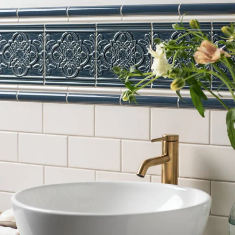 Ascot Blue Sigma Dado, Vintage White Omega Dado and St. James on Ascot Blue (above) Vintage White Half Tile (below)