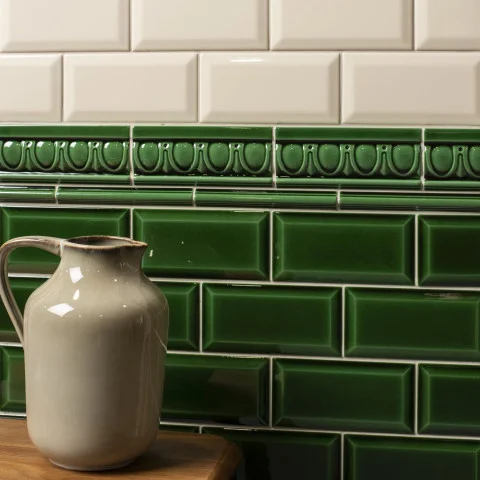 County White Metro Tile (above) Victorian Green Egg & Dart Dado and Victorian Green Astragal Dado (middle) Victorian Green Metro Tile (below)