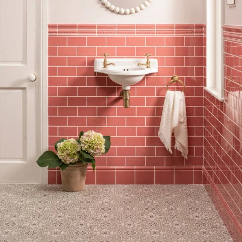 Duchy Pink Victoria Dado, Duchy Pink Rope Dado and Duchy Pink Sigma  (above) Duchy Pink Half Tile (middle) Ducky Pink Skirting Tile (below)