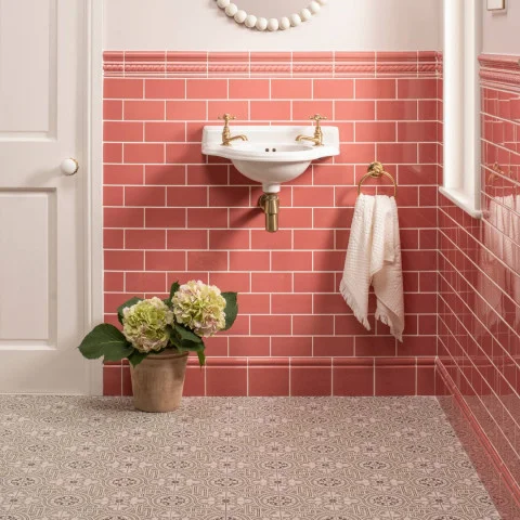 Duchy Pink Victoria Dado, Duchy Pink Rope Dado and Duchy Pink Sigma  (above) Duchy Pink Half Tile (middle) Ducky Pink Skirting Tile (below)